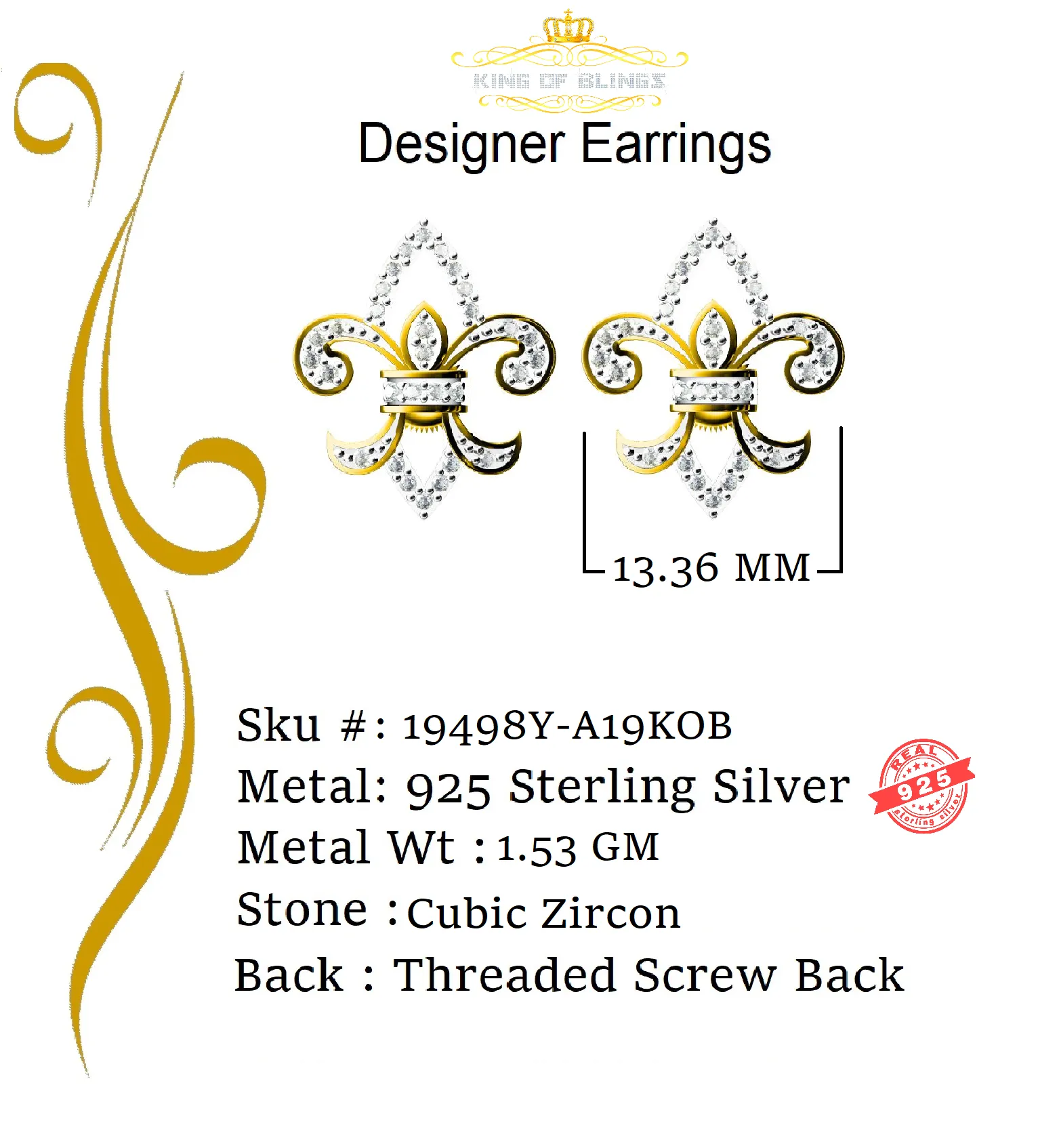 King of Bling's 925 Yellow Silver 0.60ct Cubic Zirconia Fleur de Lis Screw Back Women's Earrings