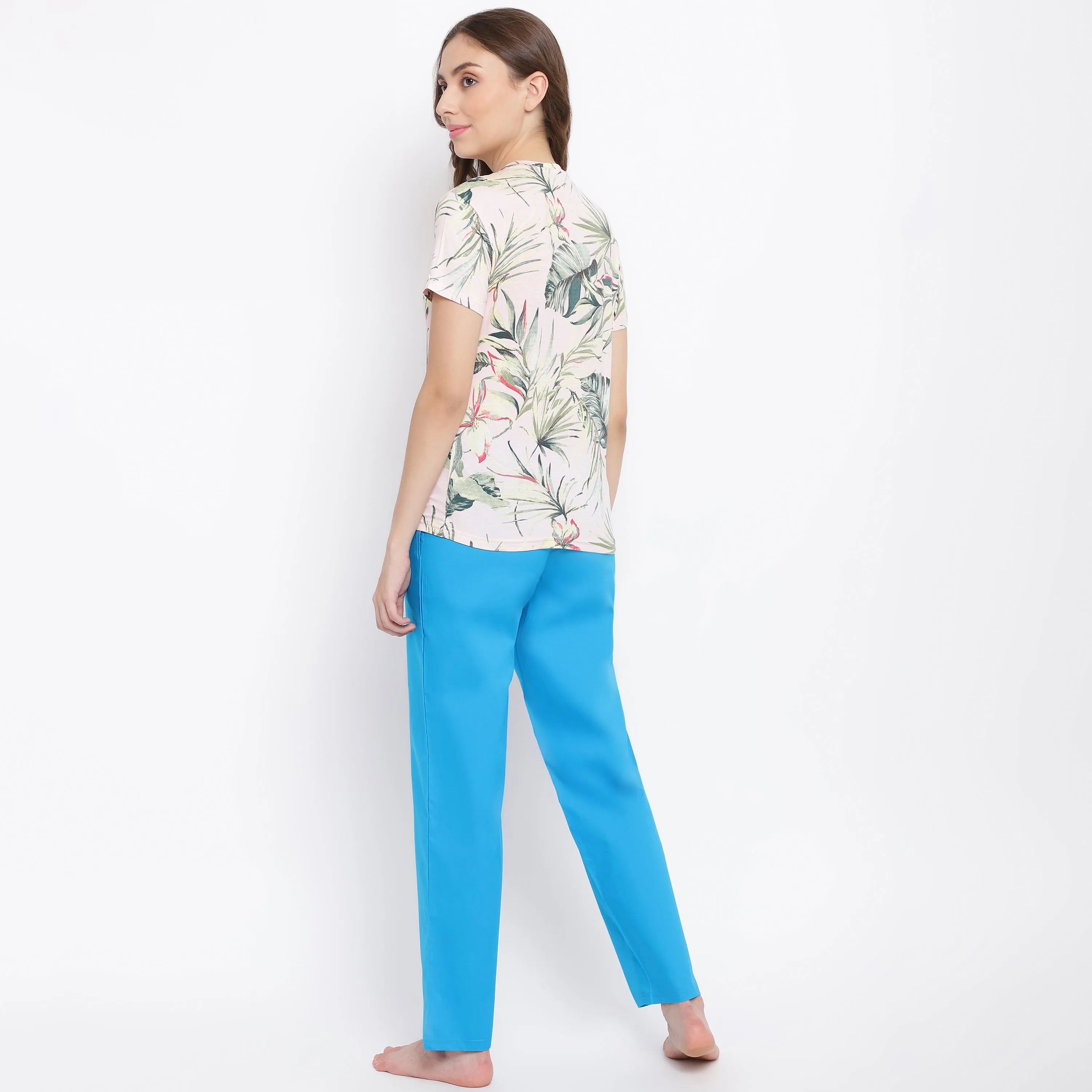 La Intimo Flower Fun Blue Pyjama & Printed T-Shirt Set