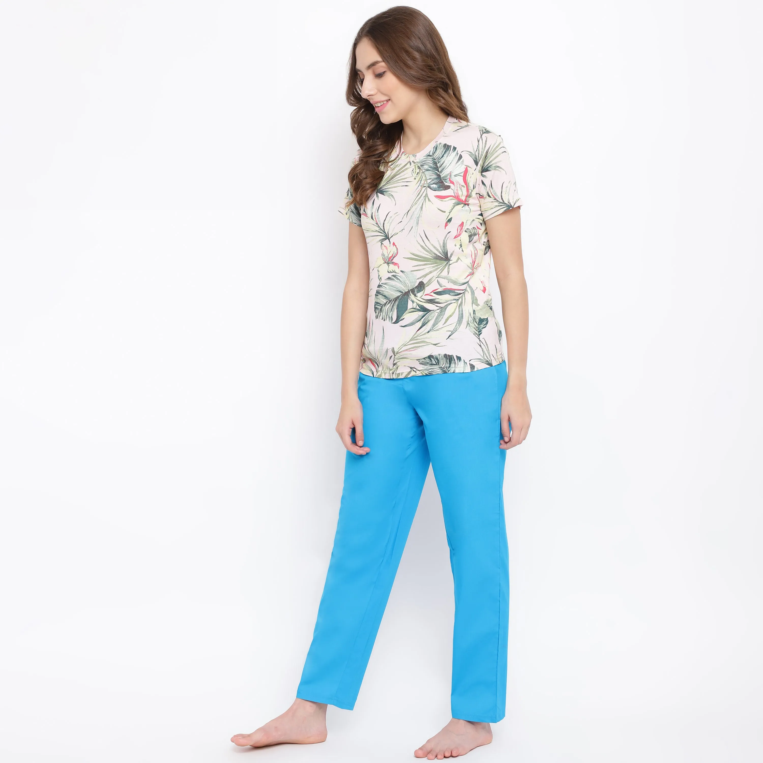 La Intimo Flower Fun Blue Pyjama & Printed T-Shirt Set