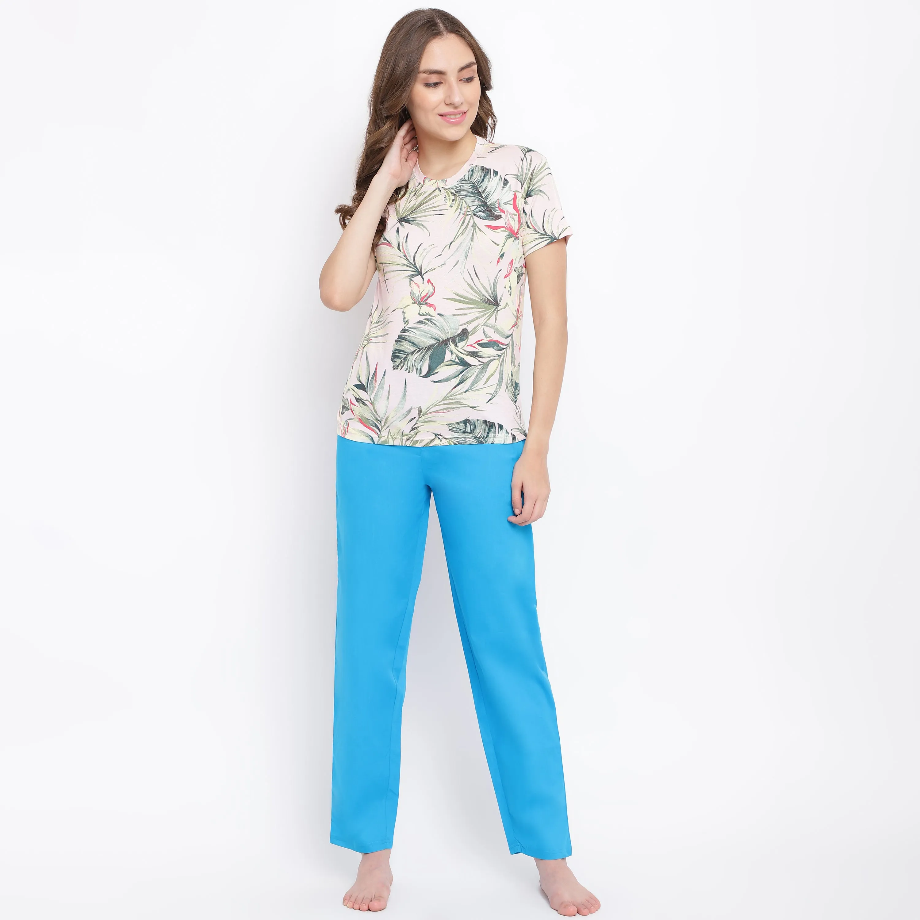 La Intimo Flower Fun Blue Pyjama & Printed T-Shirt Set