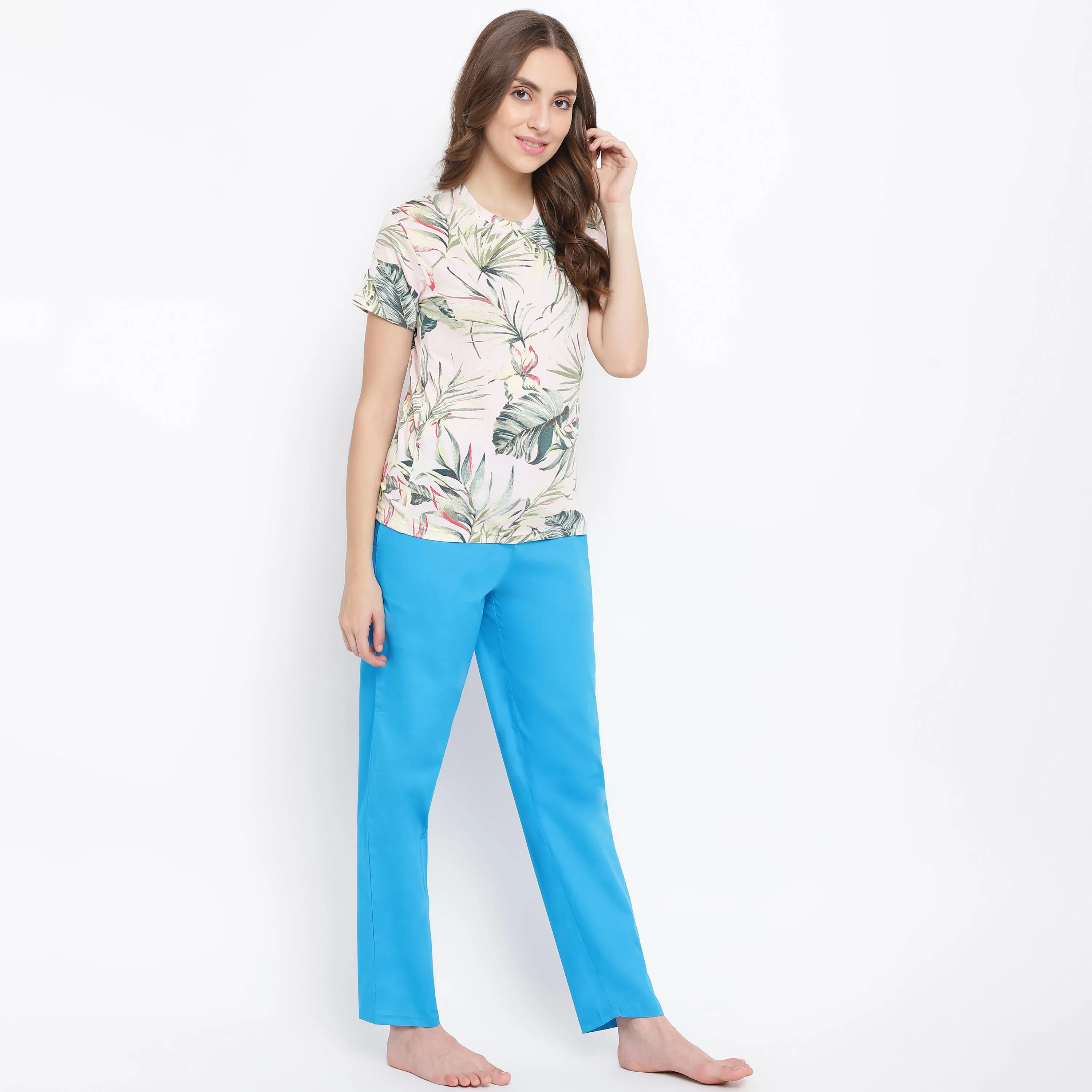 La Intimo Flower Fun Blue Pyjama & Printed T-Shirt Set