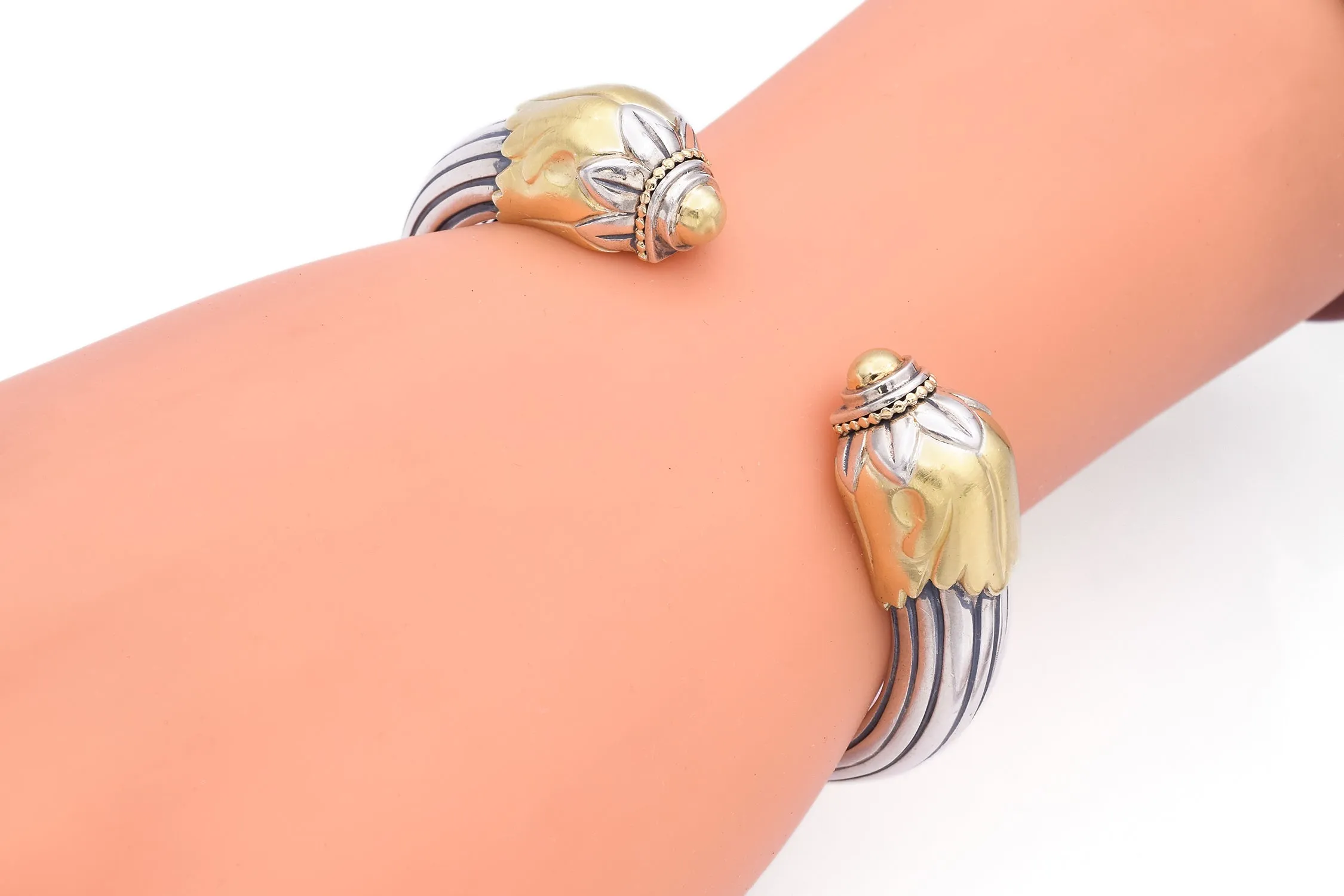 Lagos Caviar Sterling Silver & 18K Yellow Gold Bird Head Hinged Cuff Bracelet