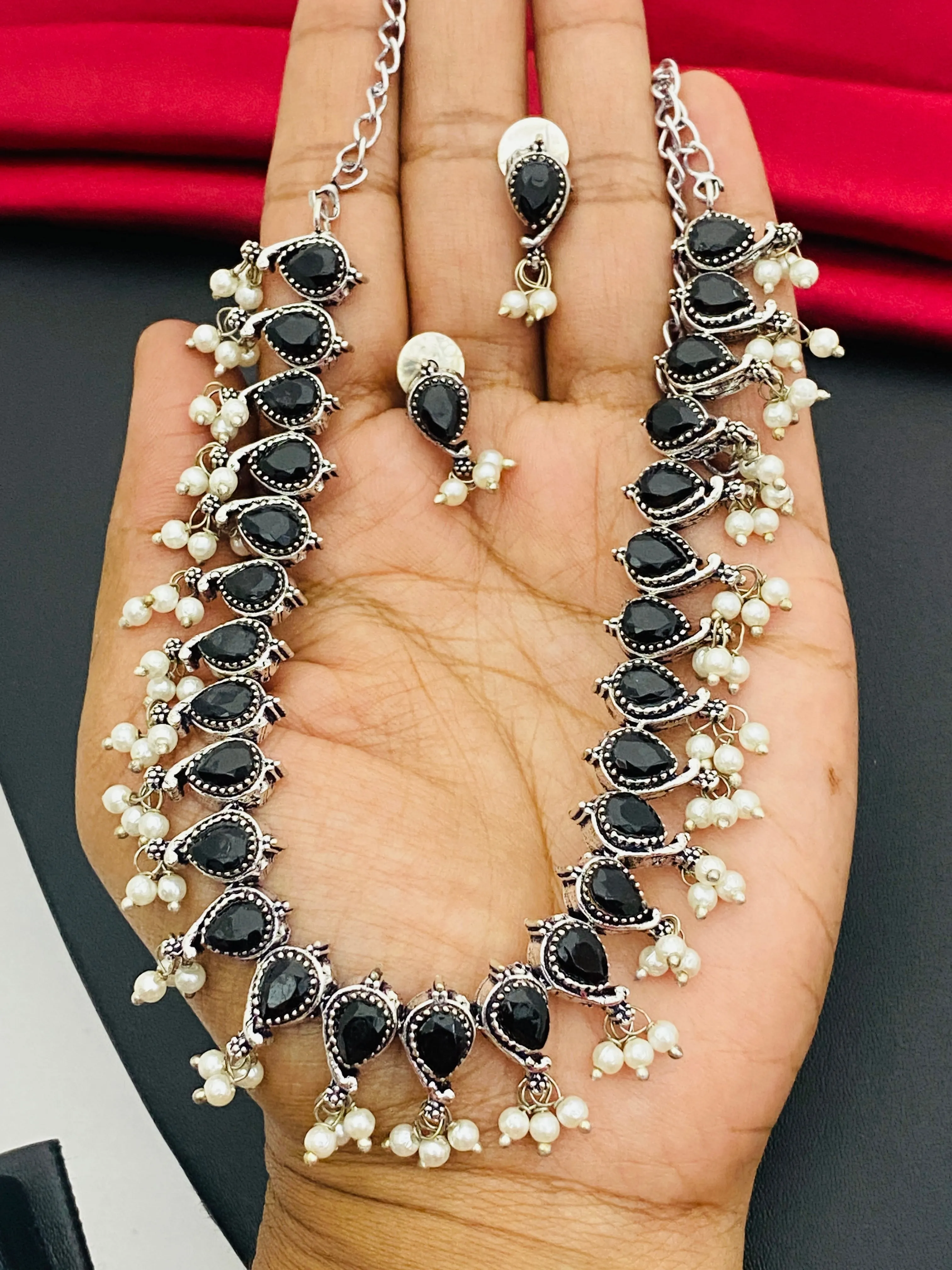 Lovely Black Color German Silver Plated Oxidized Short Neckpiece With Matching Earrings And Pearl Drops