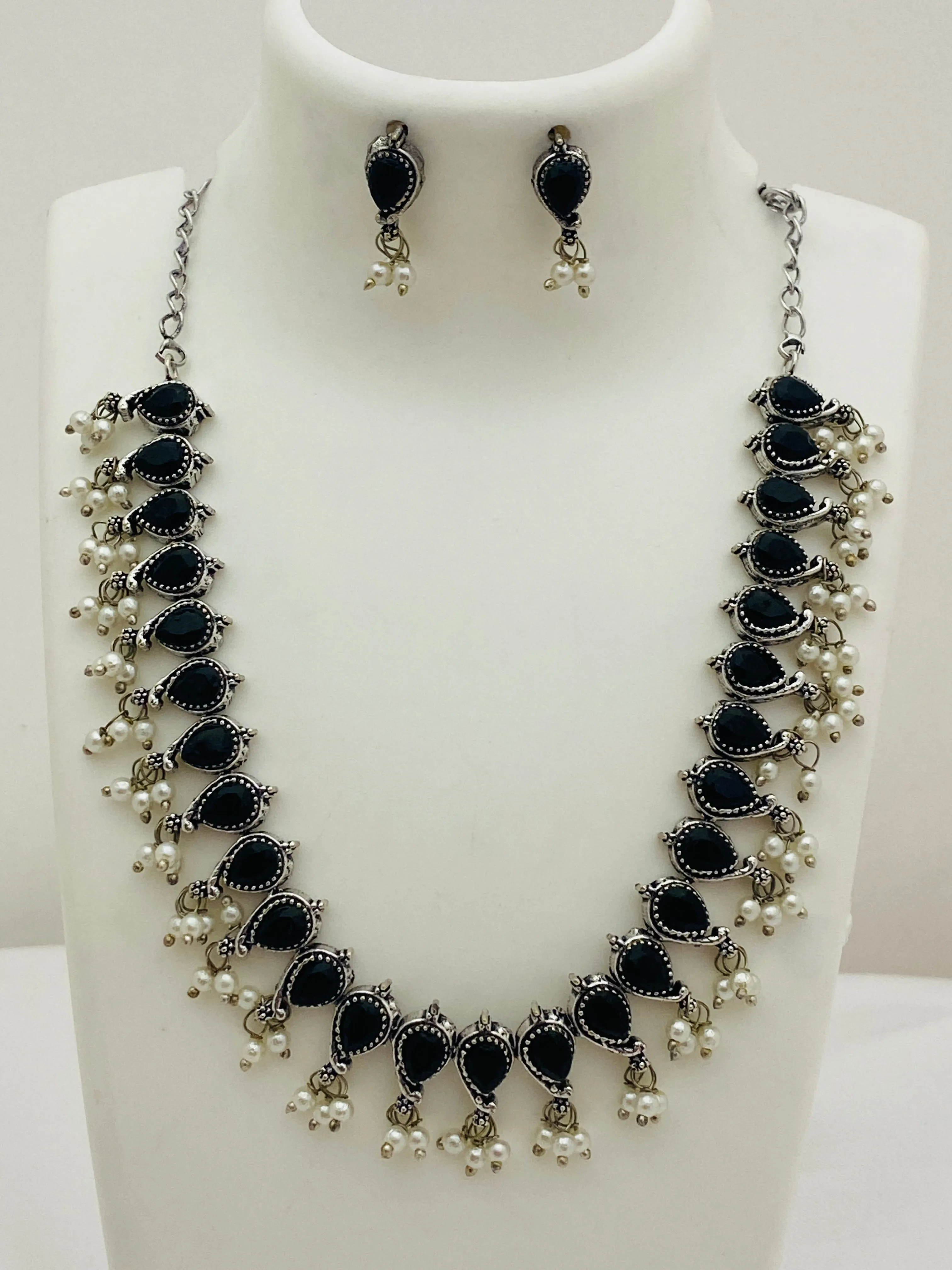 Lovely Black Color German Silver Plated Oxidized Short Neckpiece With Matching Earrings And Pearl Drops