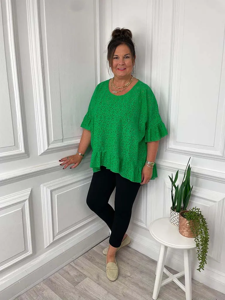 Malissa J Lace Frill Edged Top - Green