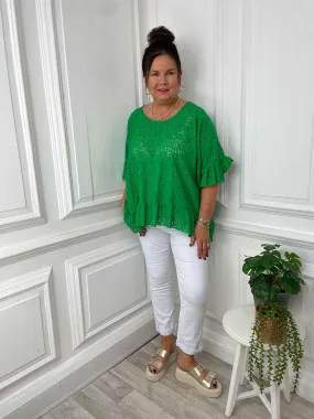 Malissa J Lace Frill Edged Top - Green