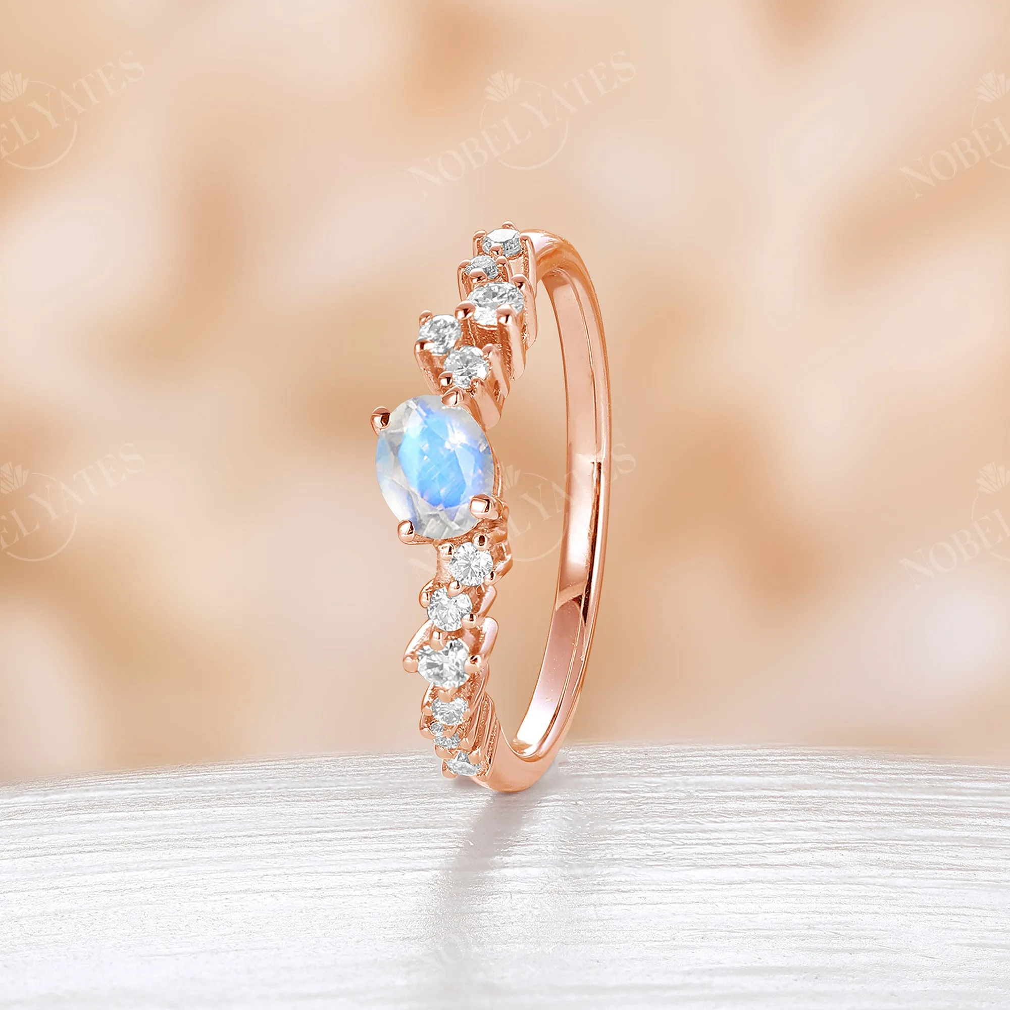 Oval Cut Moonstone Cluster Rose Gold Engagement Ring