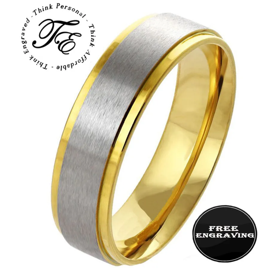 Personalized Engraved Men's Gold and Steel Wedding Ring - Engraved Handwriting Ring