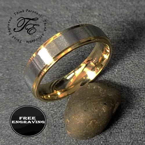 Personalized Engraved Men's Gold and Steel Wedding Ring - Engraved Handwriting Ring