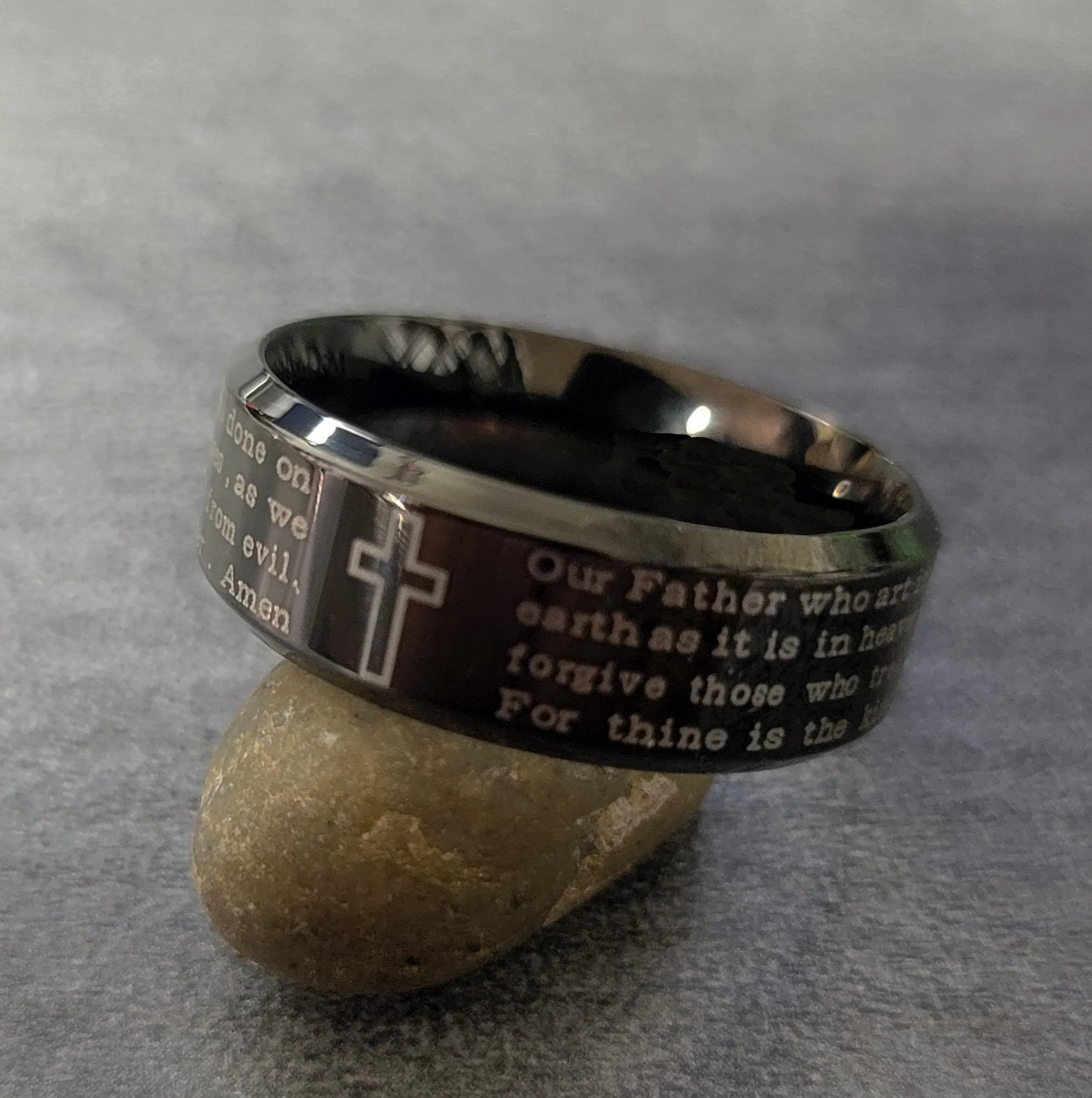 Personalized Men's Black Christian Cross Prayer Promise Ring - Engraved Prayer Ring