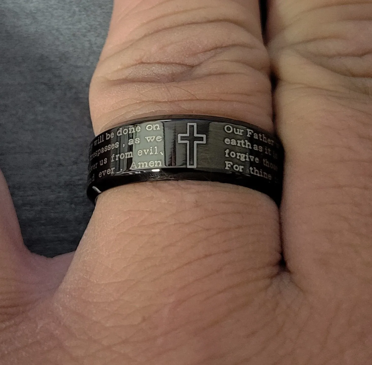 Personalized Men's Black Christian Cross Prayer Promise Ring - Engraved Prayer Ring