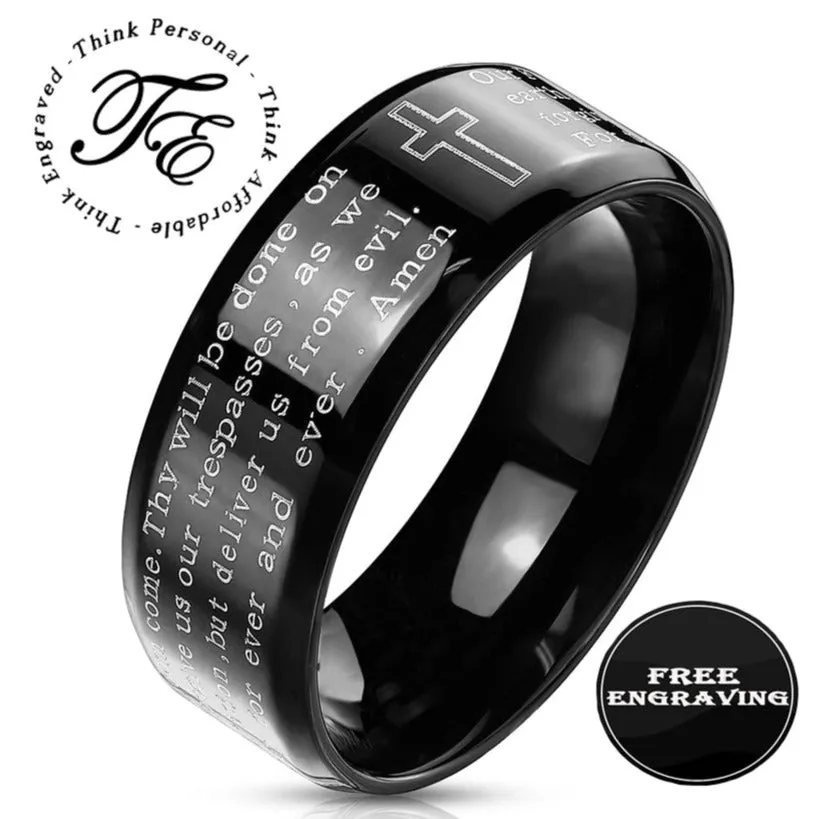 Personalized Men's Black Christian Cross Prayer Promise Ring - Engraved Prayer Ring