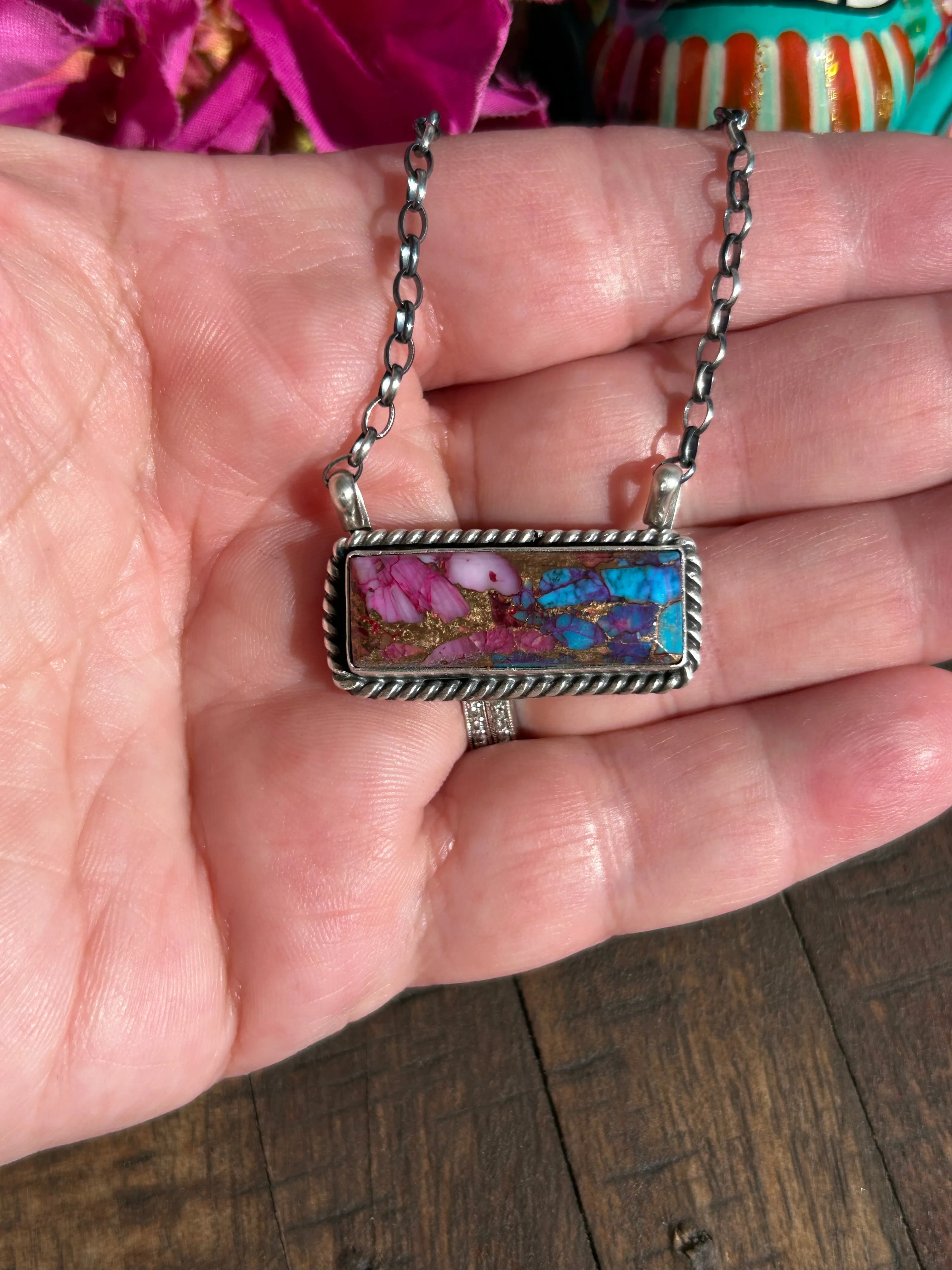 Pink Dahlia Kingman Bar Necklace #3