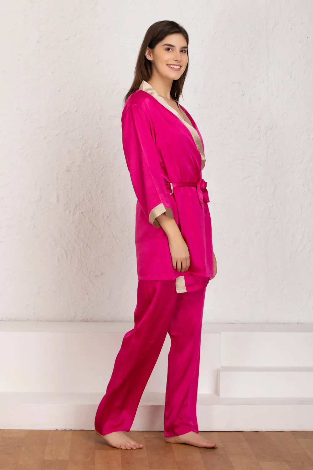 Pink satin Night suit with robe