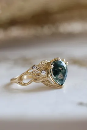 READY TO SHIP: Callisto in 14K yellow gold, pear moss agate 8x6 mm, moissanites, RING SIZE 5.75 US