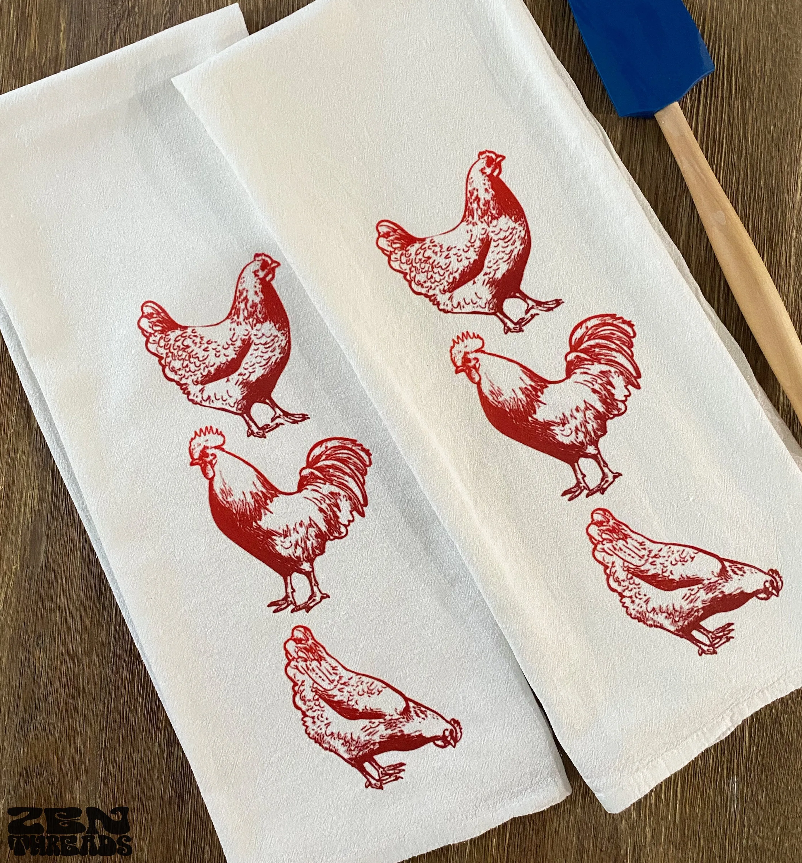 ROOSTERS Large 28x33" Flour Sack Towel Bar Kitchen Gift Organic Natural Cotton tea hen farm animal red bird country napkin housewarming