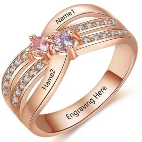 Rose Gold Mother's Ring 2 Birthstones X-Band 2 Engraved Names Paved Gems