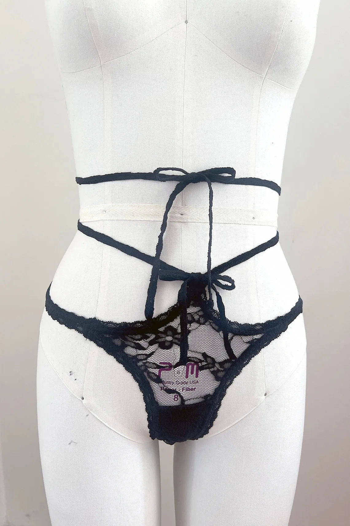 Rosehip Multi-Way Lace Tie Thong in Black Surplus Lace