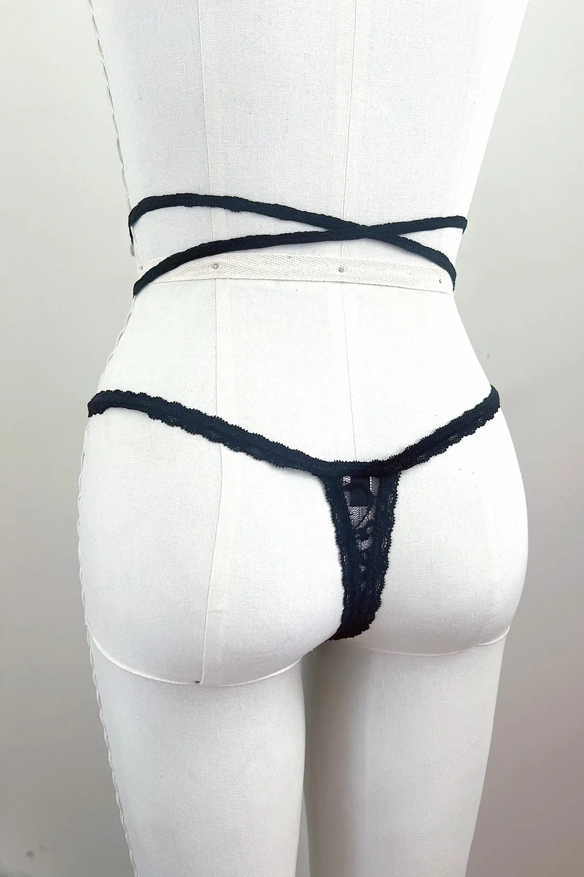 Rosehip Multi-Way Lace Tie Thong in Black Surplus Lace