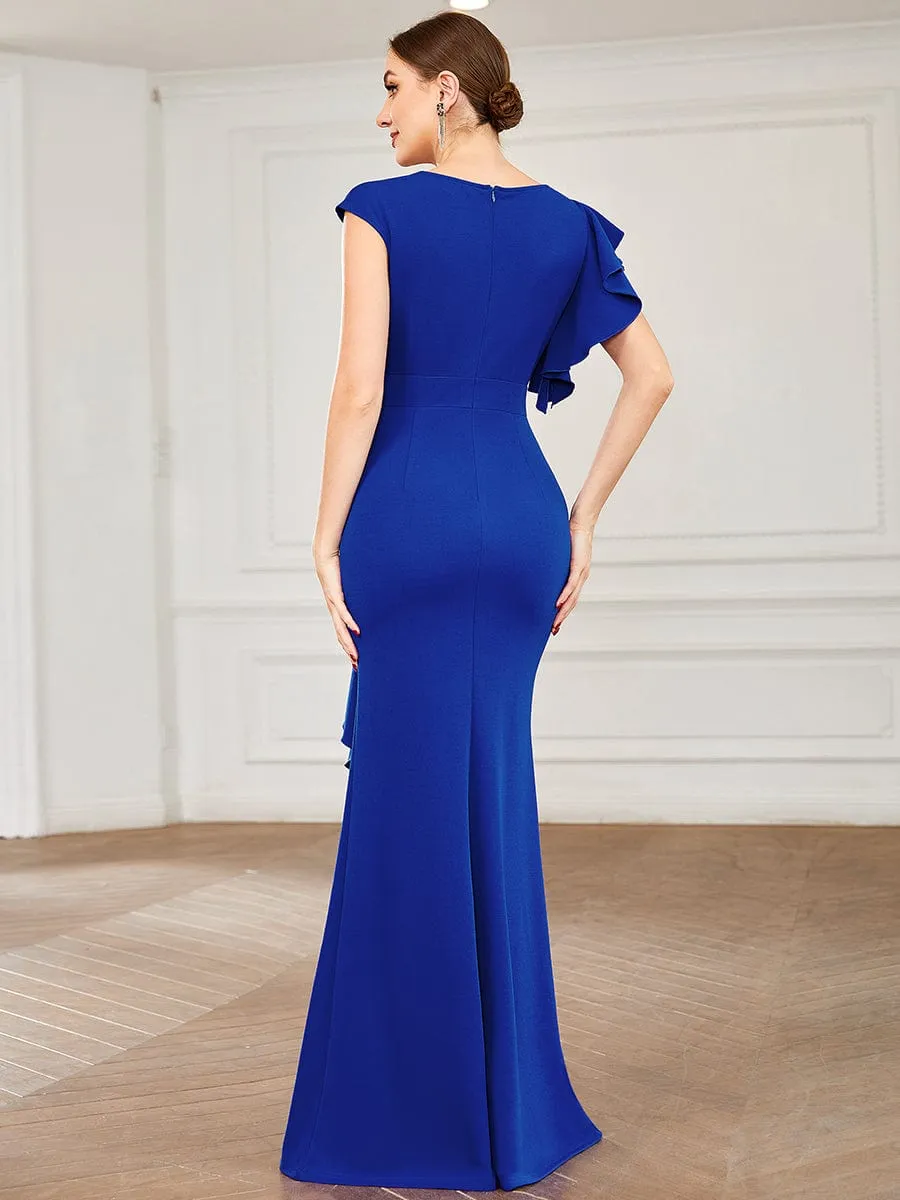 Ruffled Asymmetrical Front Slit Floor-Length Knit Evening Dress