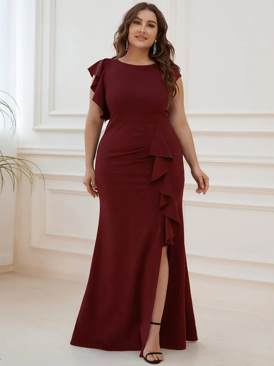 Ruffled Asymmetrical Front Slit Floor-Length Knit Evening Dress