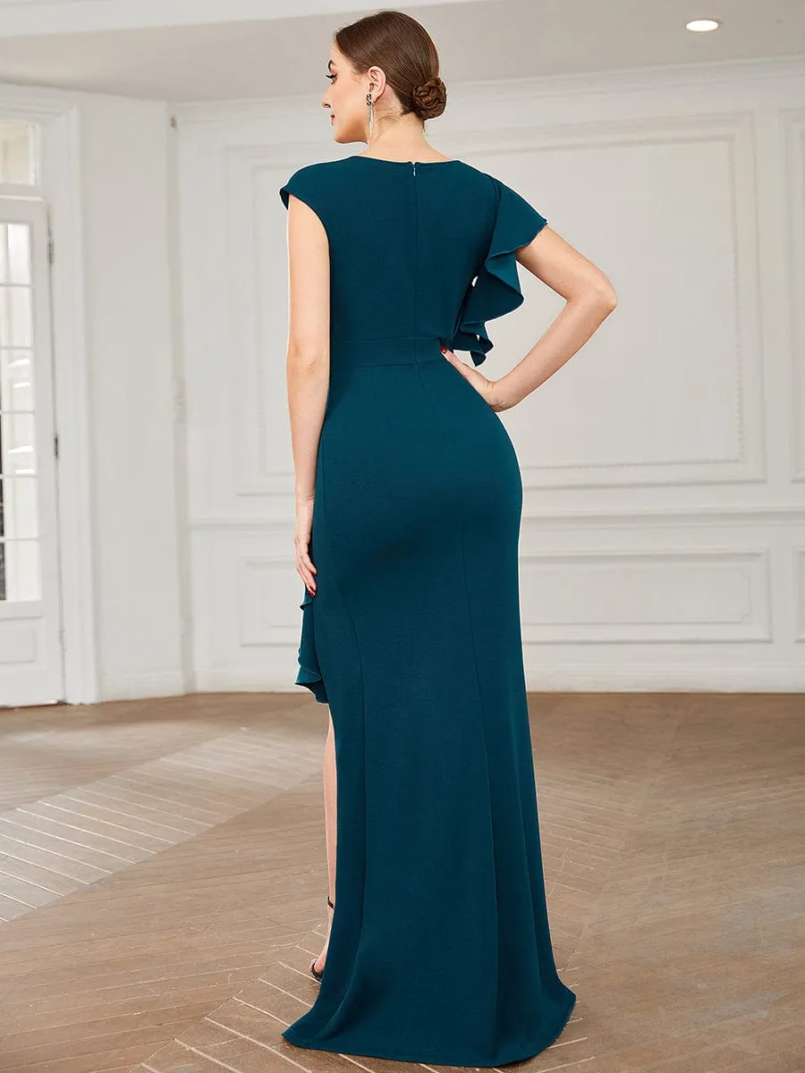 Ruffled Asymmetrical Front Slit Floor-Length Knit Evening Dress