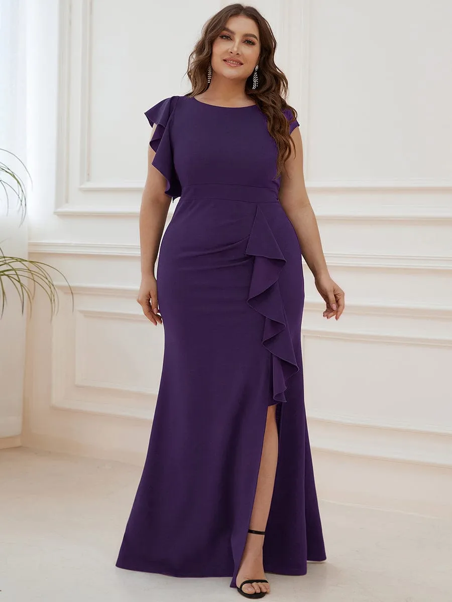 Ruffled Asymmetrical Front Slit Floor-Length Knit Evening Dress