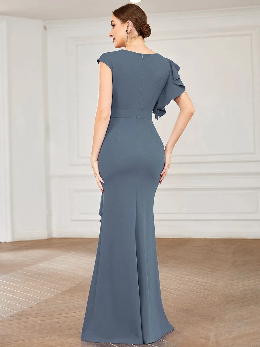 Ruffled Asymmetrical Front Slit Floor-Length Knit Evening Dress