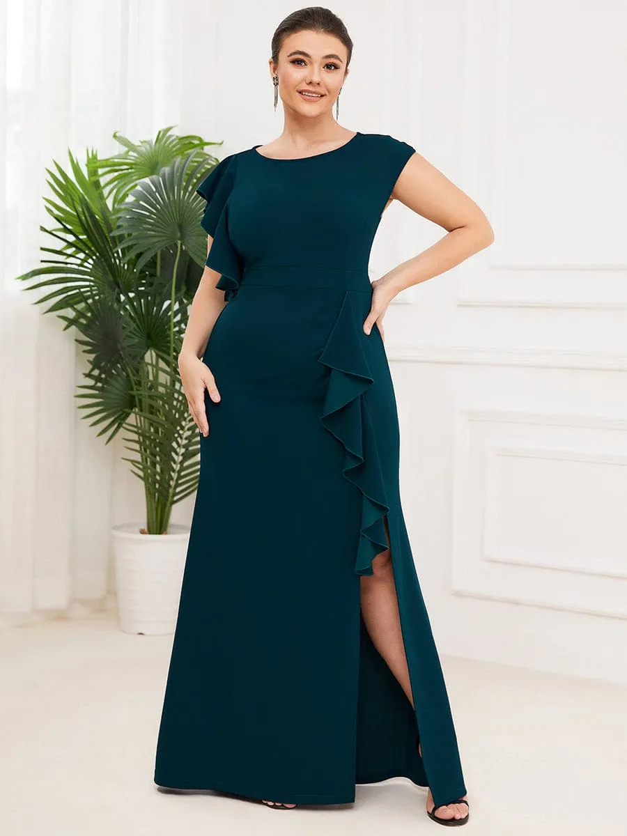 Ruffled Asymmetrical Front Slit Floor-Length Knit Evening Dress