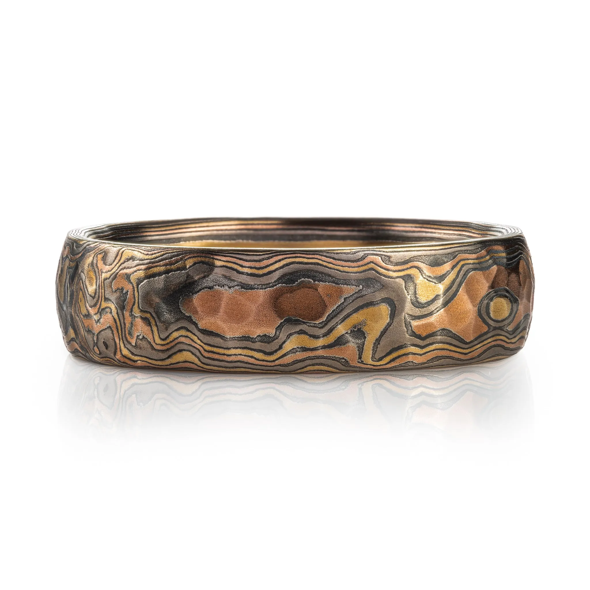 Rustic Hammered Mokume Ring in Firestorm Palette and Woodgrain Pattern