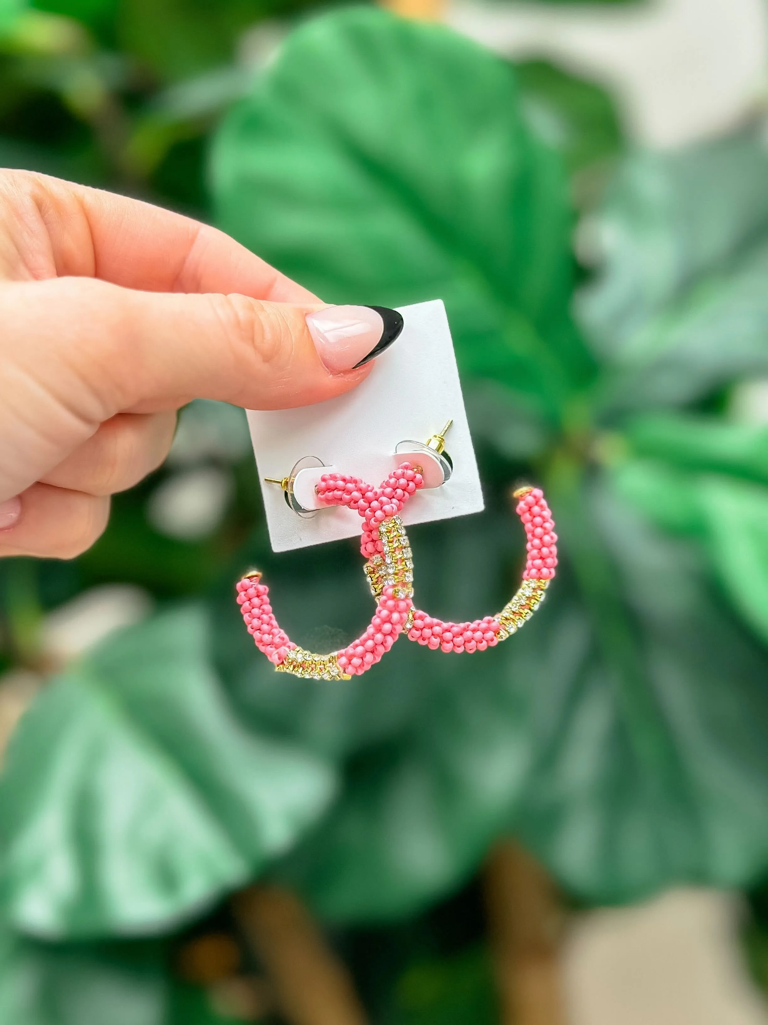 Seed Bead & Rhinestone Hoop Earrings - Pink