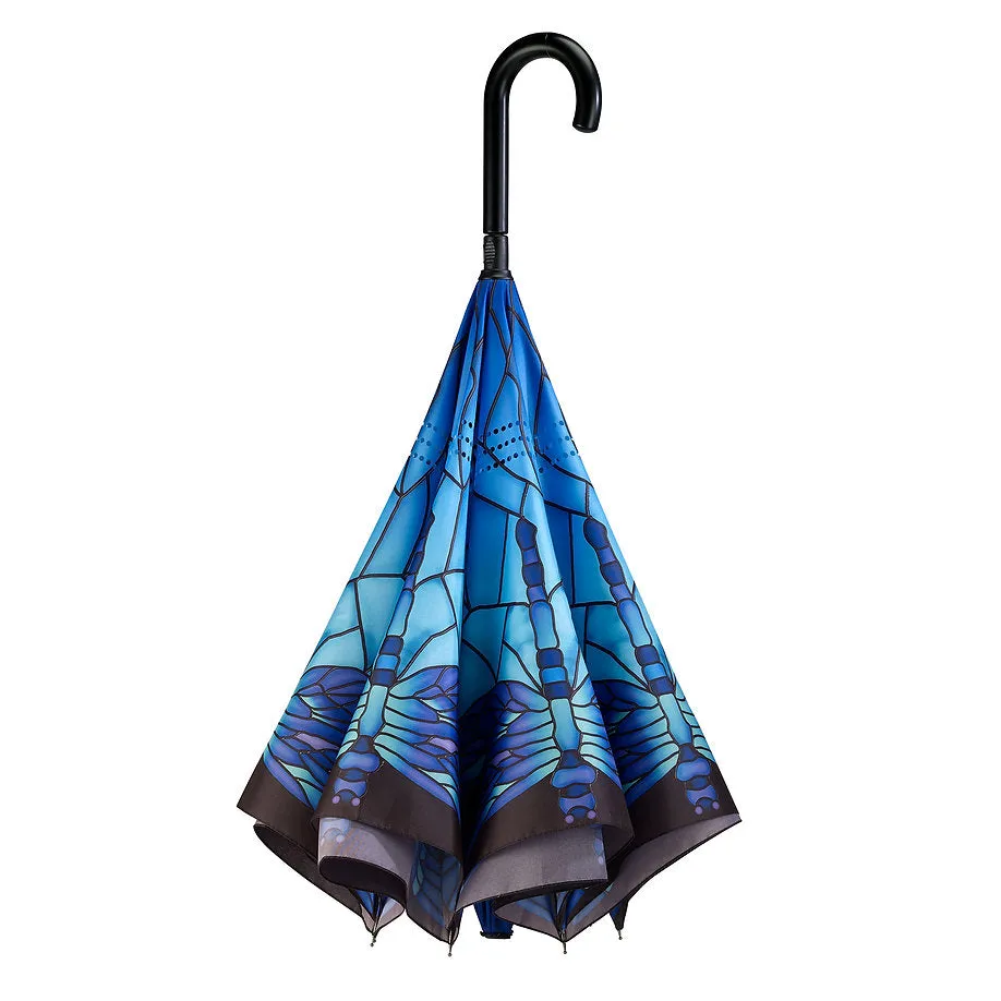 Stained Glass Dragonfly Reverse Close Stick Umbrella