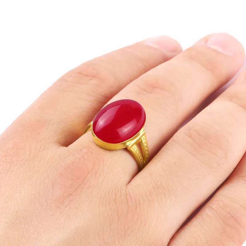 Statement Men's Ring 10k Yellow Gold with Natural Red Agate Stone