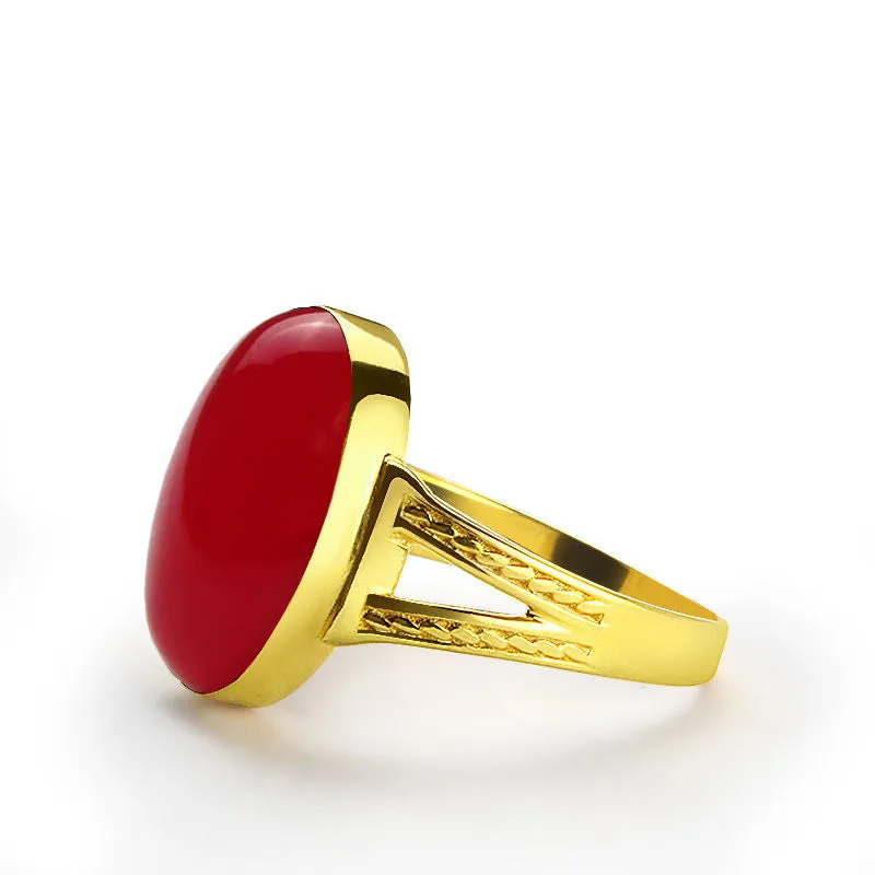 Statement Men's Ring 10k Yellow Gold with Natural Red Agate Stone