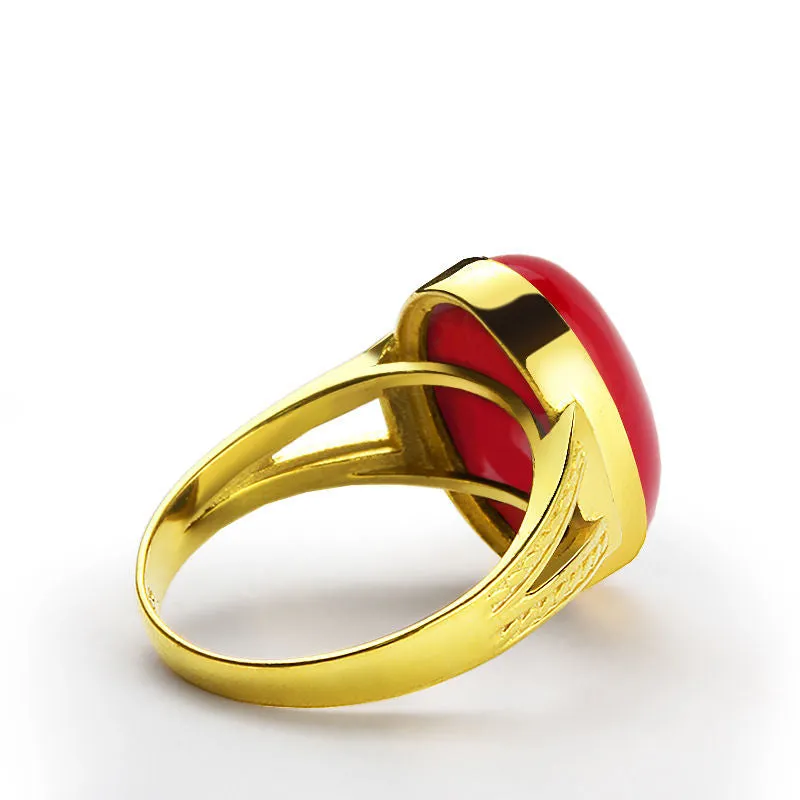 Statement Men's Ring 10k Yellow Gold with Natural Red Agate Stone