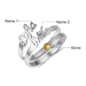 Sterling Silver Personalized 2 Names And Birthstone Ring For Women