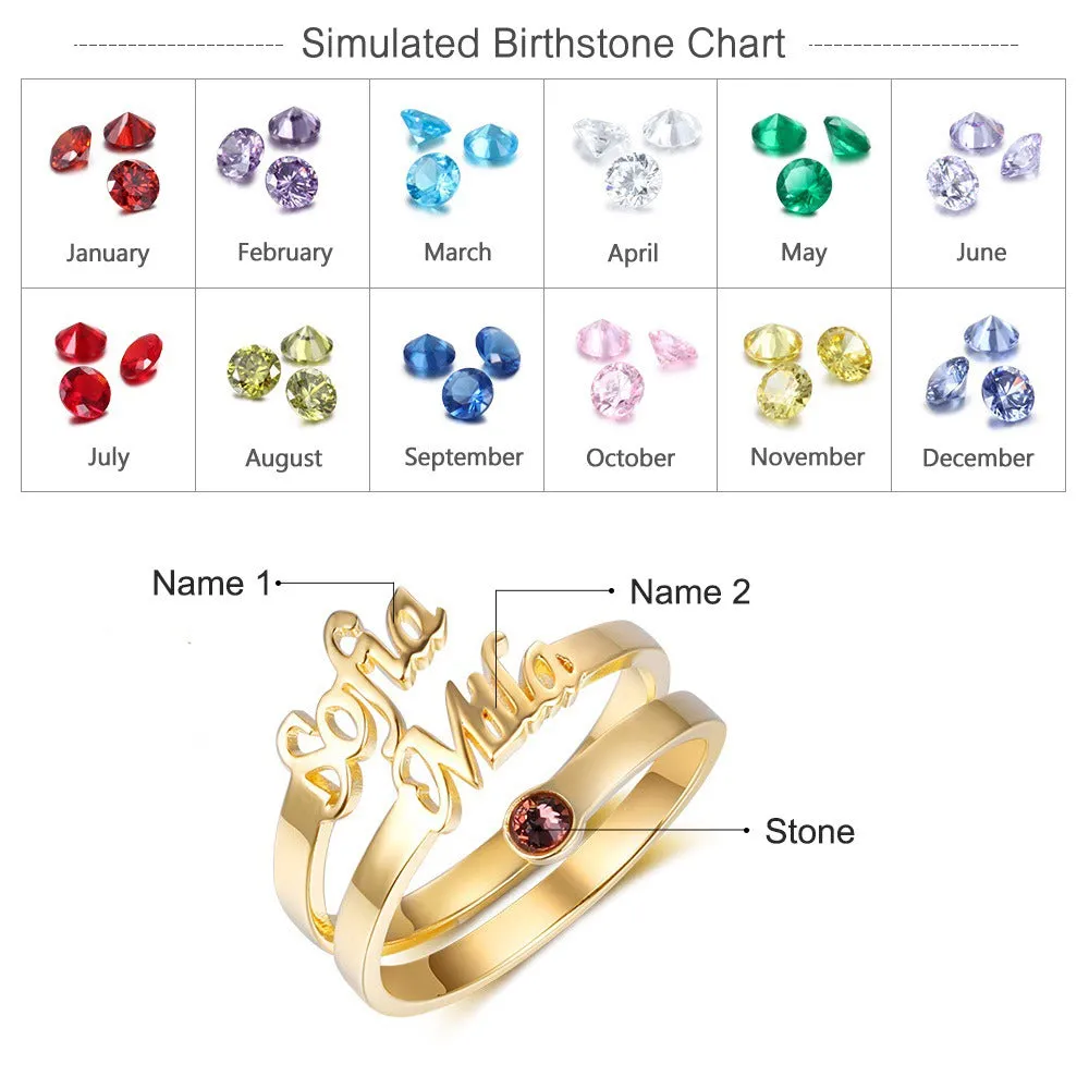 Sterling Silver Personalized 2 Names And Birthstone Ring For Women