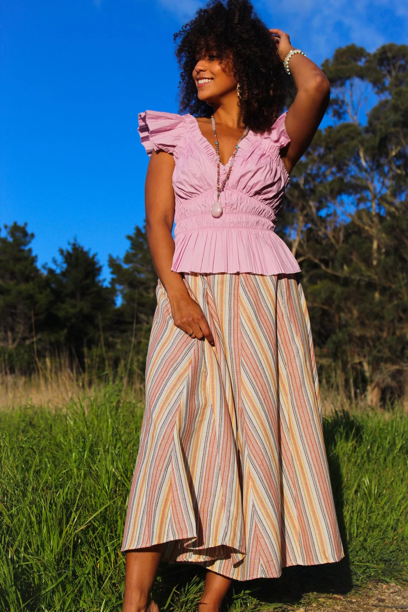 Sunburst  Stripe Maxi Skirt - Brick/Multi