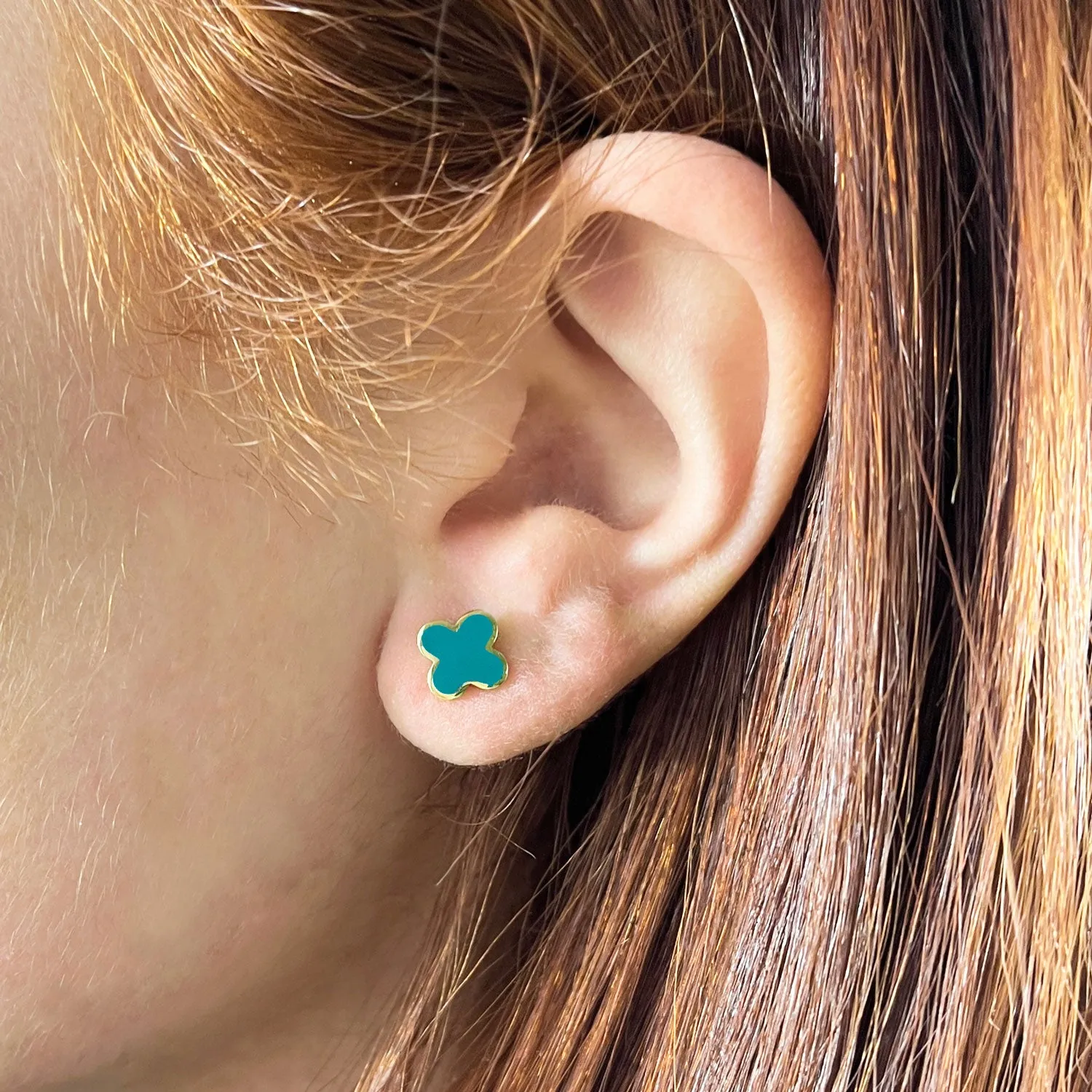 Teal Blue Enamel Clover Stud Earrings