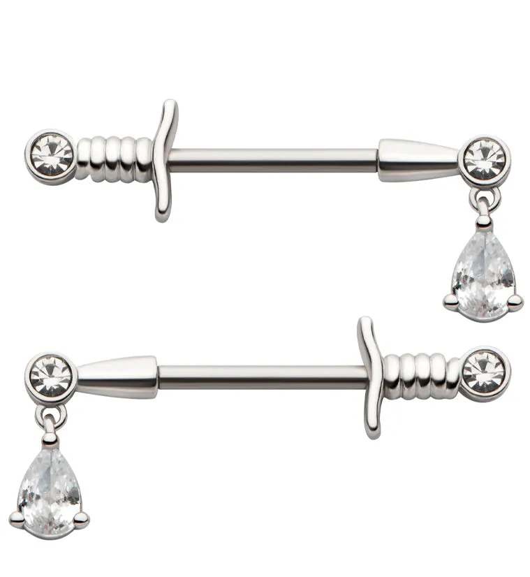 Teardrop Clear CZ Dagger Stainless Steel Nipple Barbell