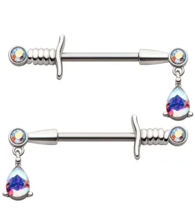 Teardrop Rainbow Aurora CZ Dagger Stainless Steel Nipple Barbell