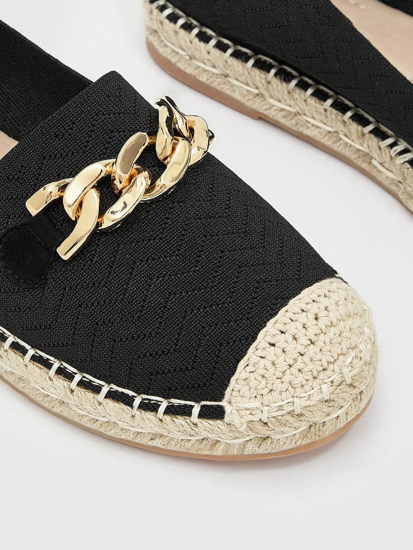 Women Black Metal Decor Espadrille Flats, Vacation Slip On Flats For Vacation