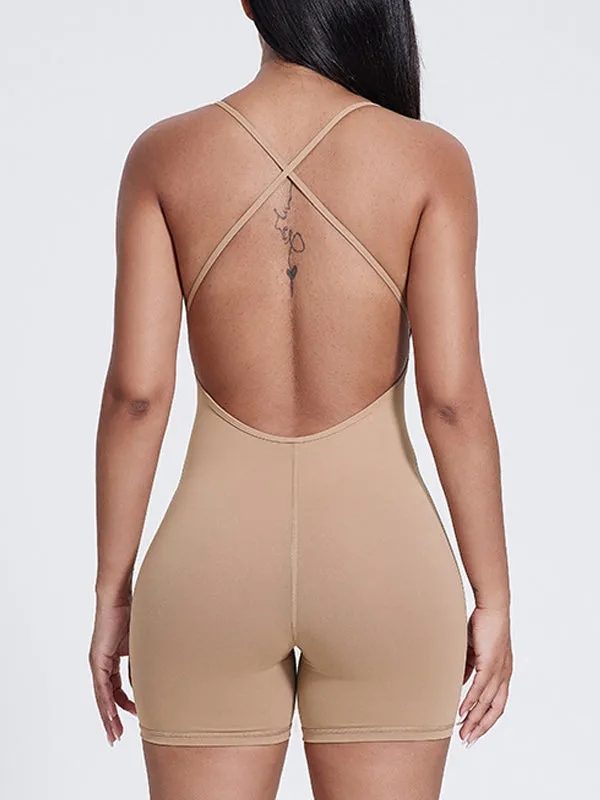 ZASUWA Female Cross Back U Collar Hollow Out Backless Hip-lift Short Jumpsuit